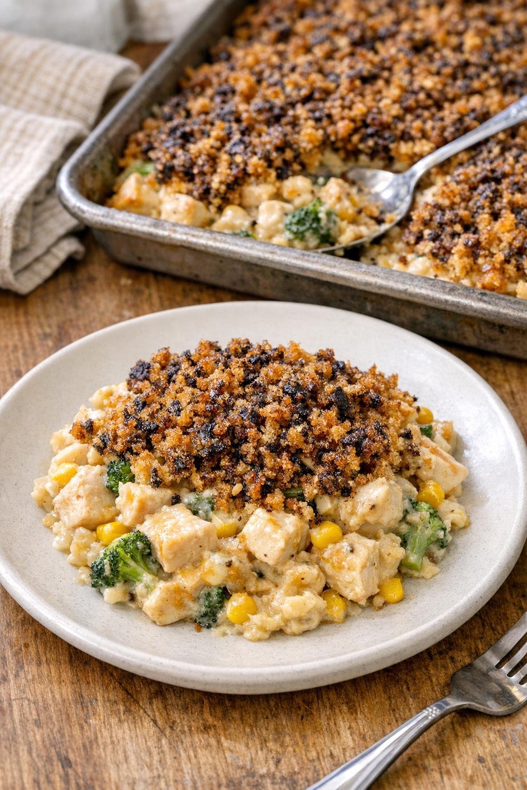 Baked chicken casserole-style dish in a metal baking sheet with dark crumb topping