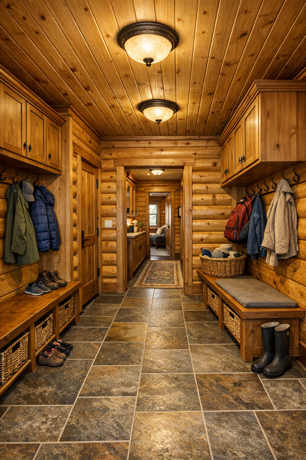 Thoughtful mudroom and hallway with built-in storage in a cedar log home