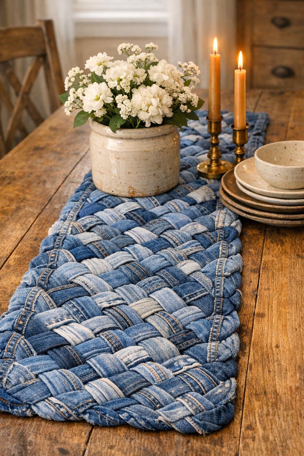 Finished braided denim table runner styled on a farmhouse dining table