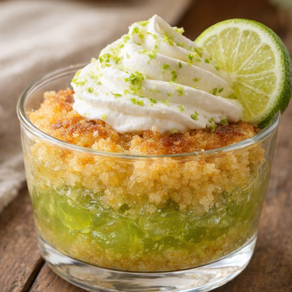 Key lime cobbler served in a glass dessert dish