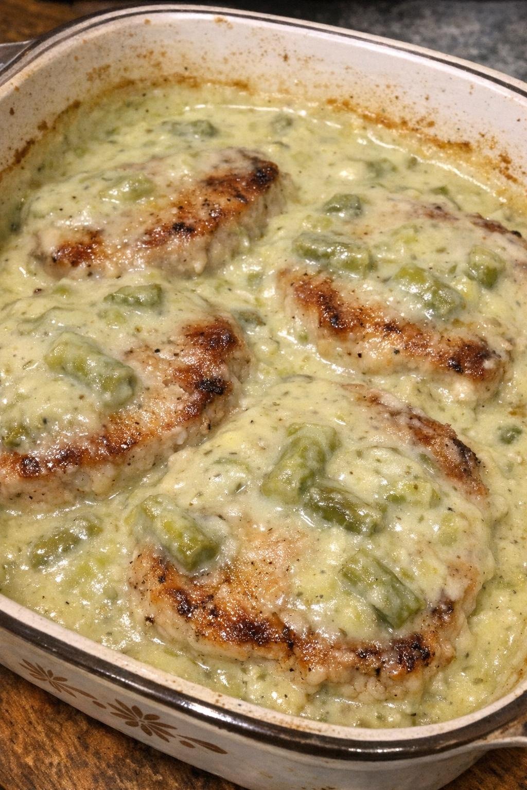 Tender pork chops in asparagus cream sauce in a vintage casserole dish