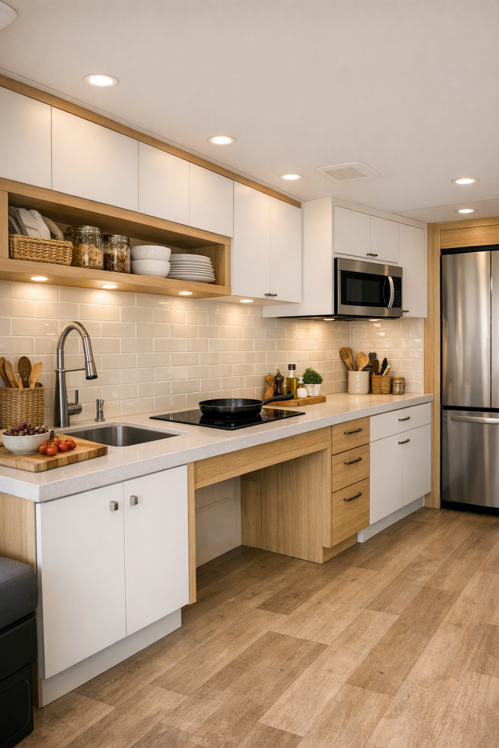 Accessible RV kitchen with warm white cabinetry and pale counters