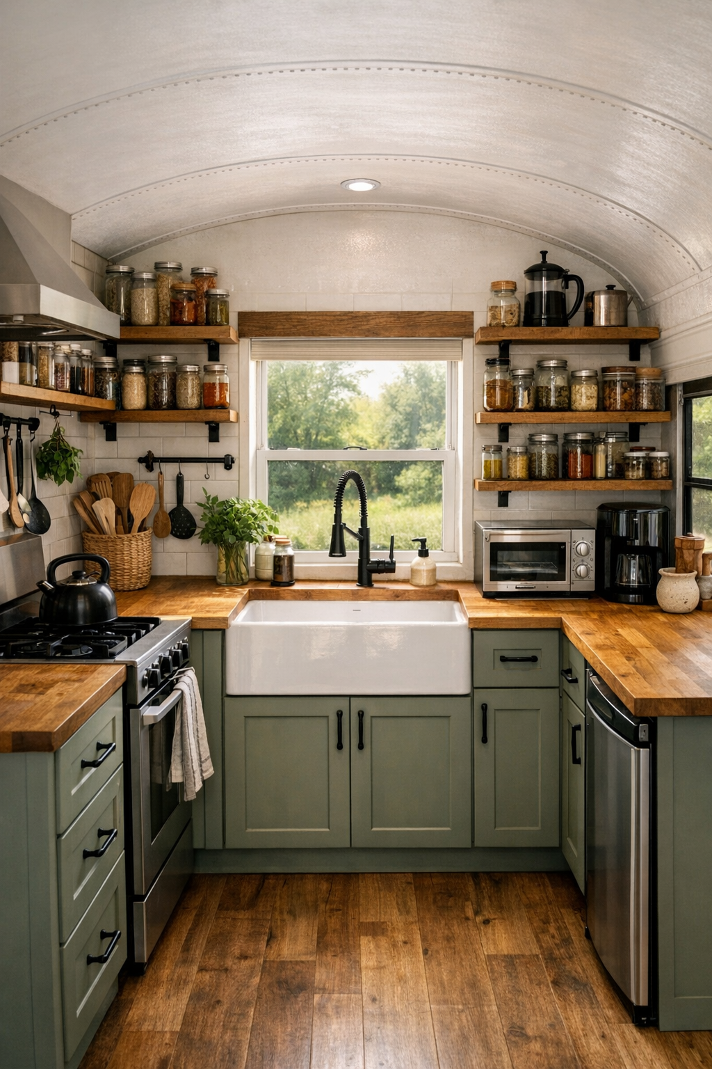 Galley kitchen inside a converted bus with butcher block counters and sage cabinets
