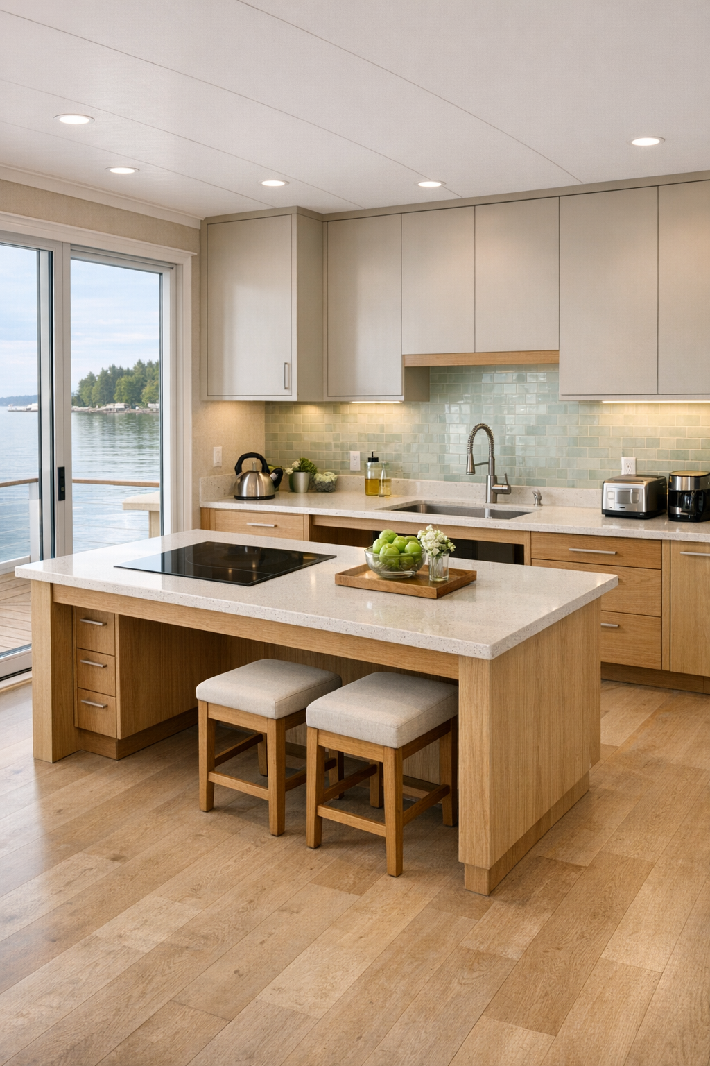 Modern barrier-free kitchen with oak cabinetry, pale quartz counters, and sea-glass tile backsplash