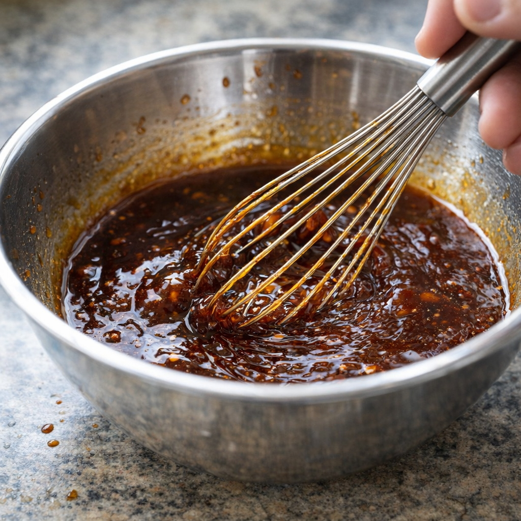 Amber glaze being whisked in a mixing bowl