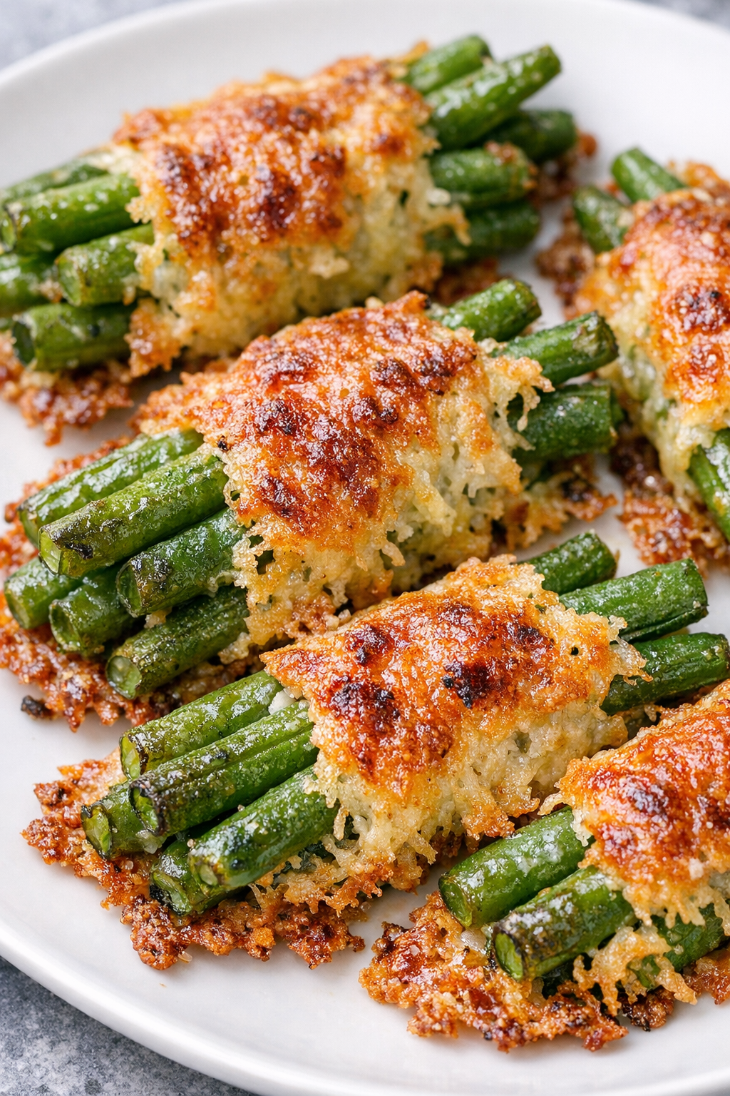 Finished parmesan green bean crisps plated on a white dish