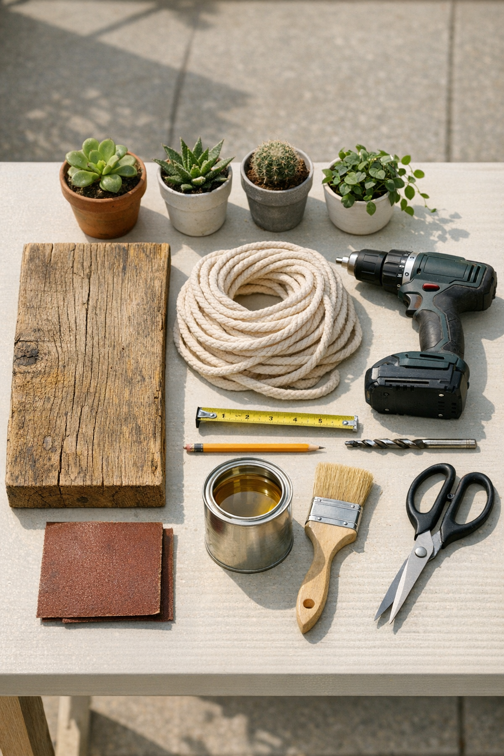 Materials for a hanging wooden plant shelf laid out on a work surface