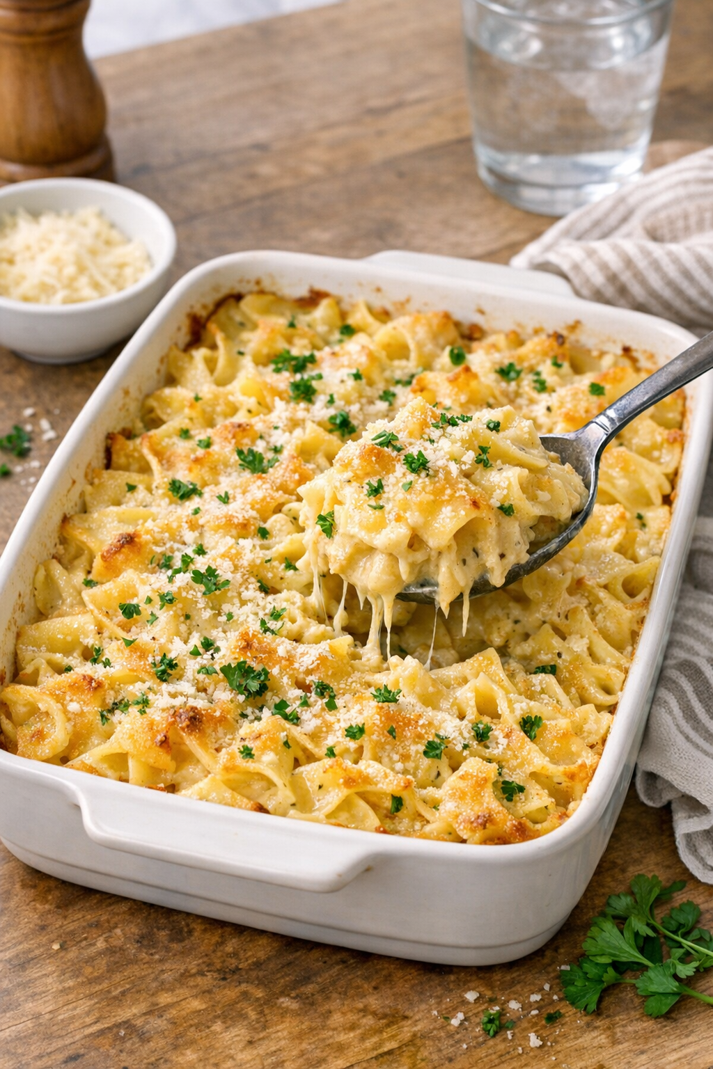 Baked garlic parmesan egg noodles in a casserole dish