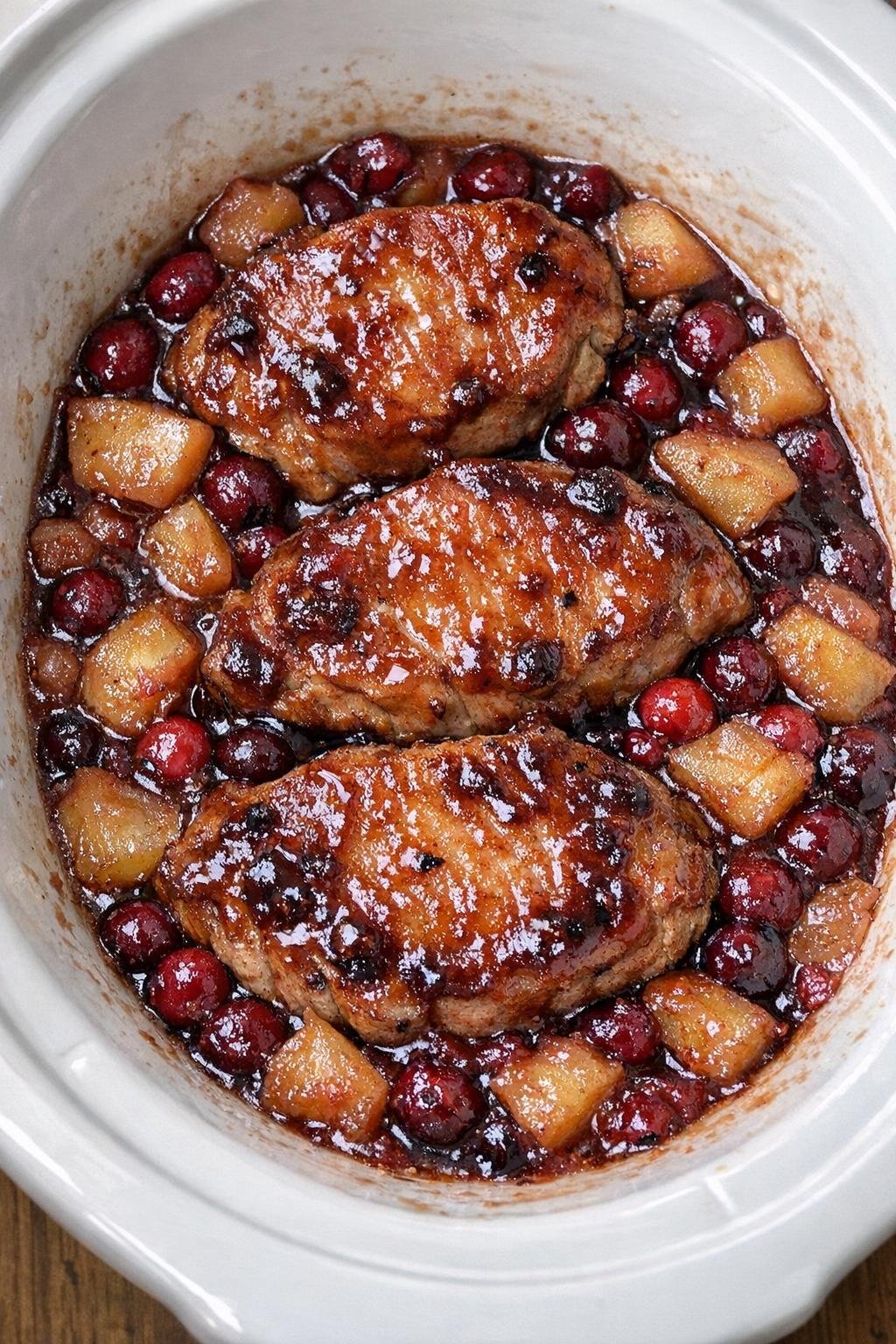 Slow cooker apple cranberry pork chops in a white slow cooker