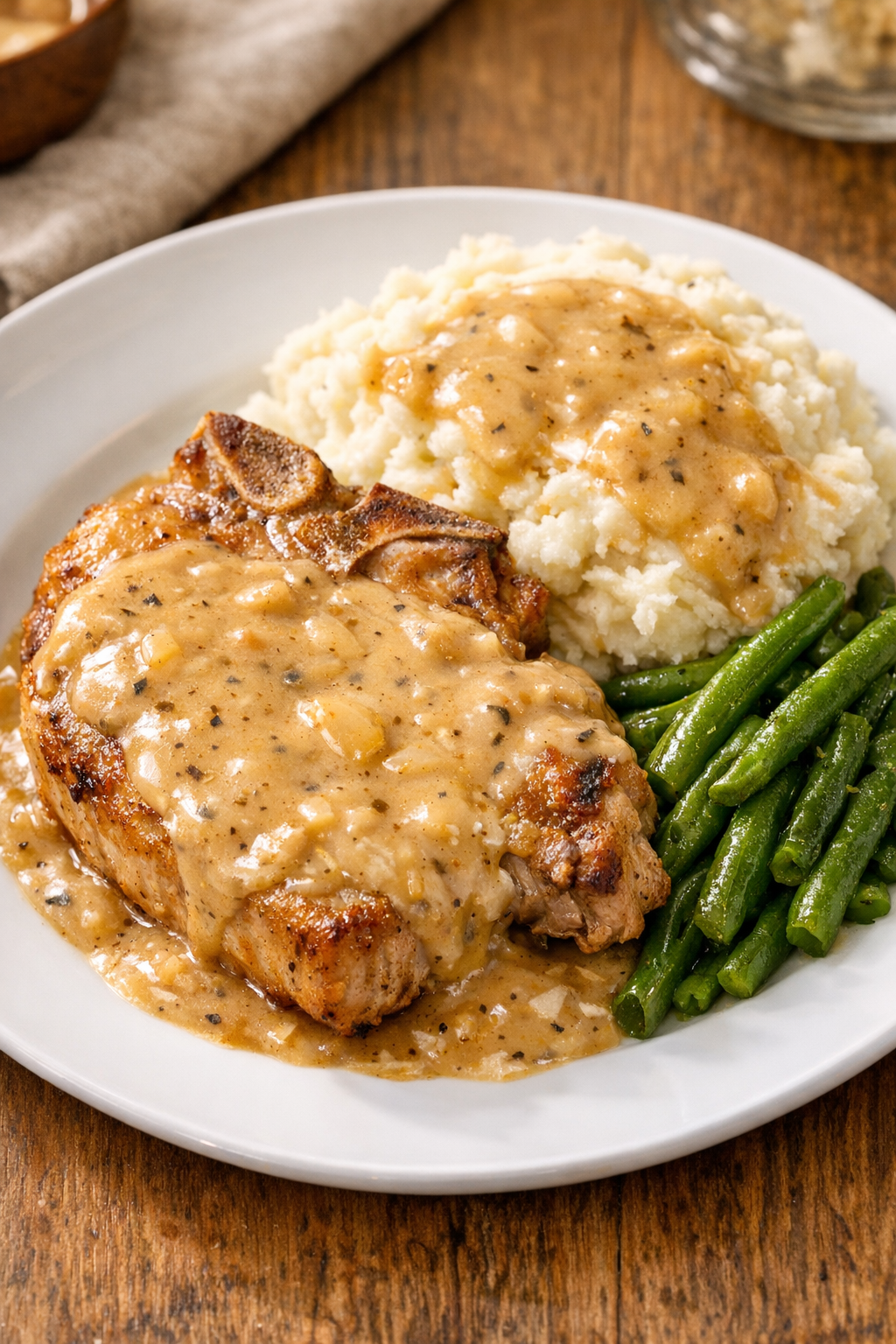 Finished slow cooker vintage pork plated with gravy