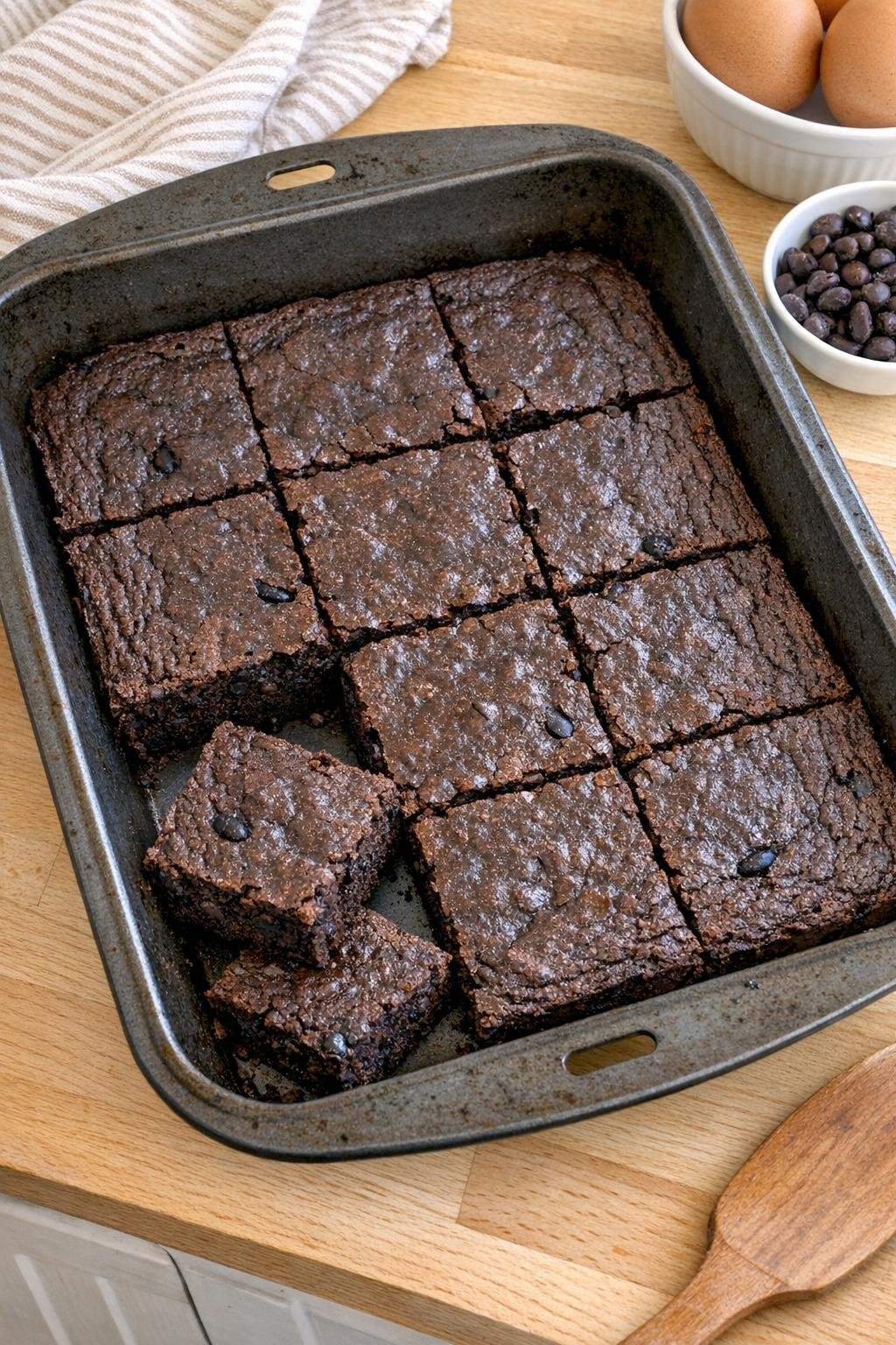 Finished baked black bean dessert in a dark metal roasting pan