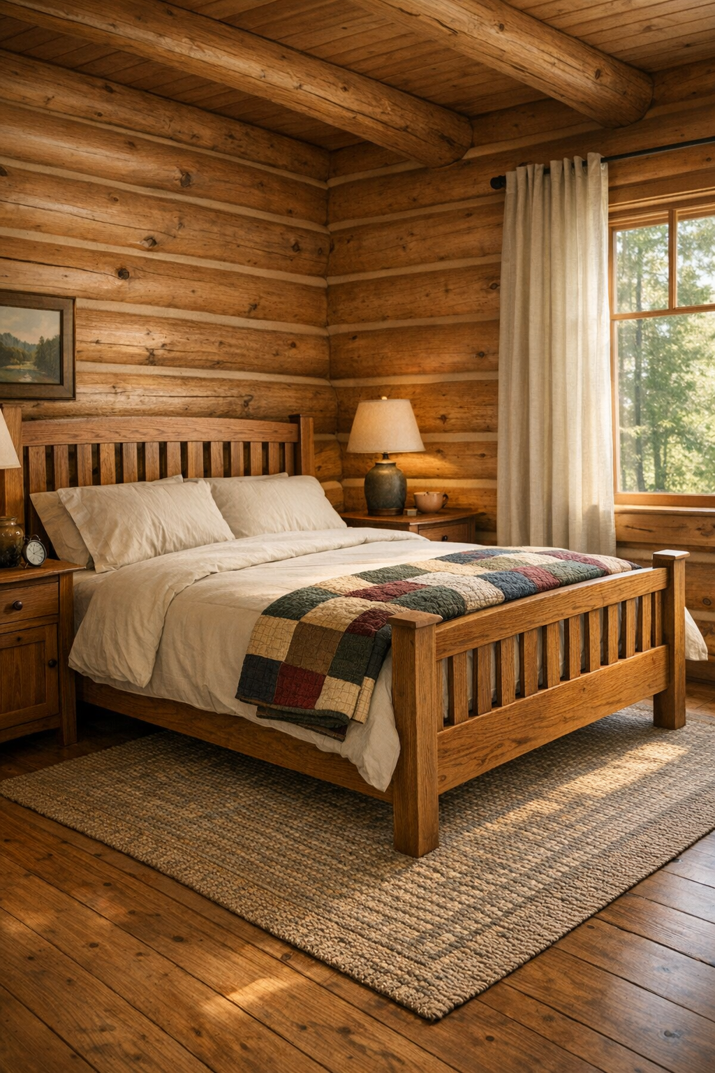 Peaceful cedar log bedroom with a handcrafted wood bed, quilted bedding, and soft natural light