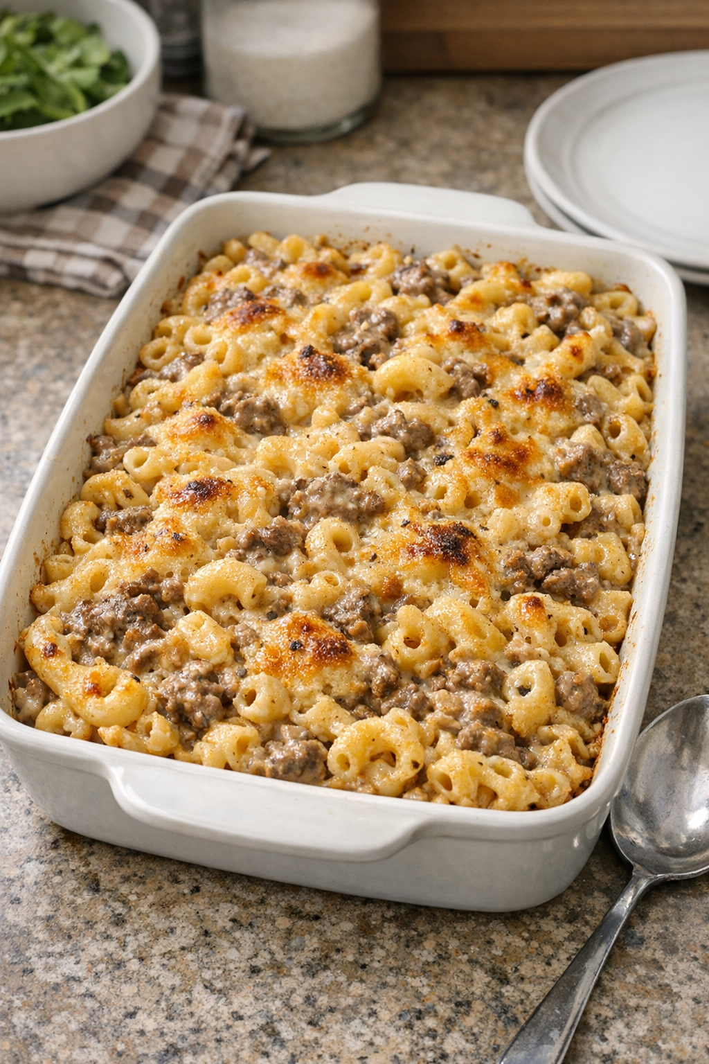 Baked Amish stroganoff macaroni served in a casserole dish