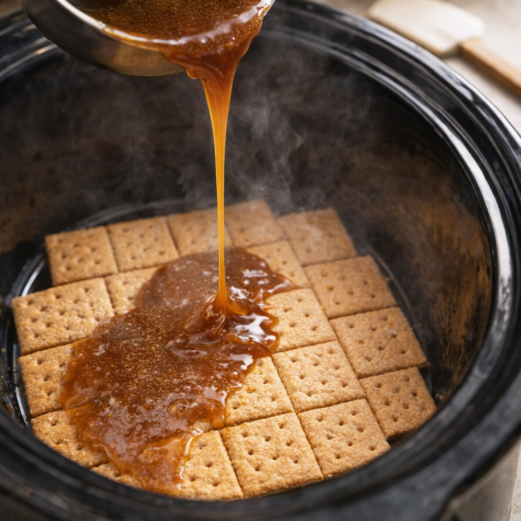 Hot caramel being poured over graham crackers