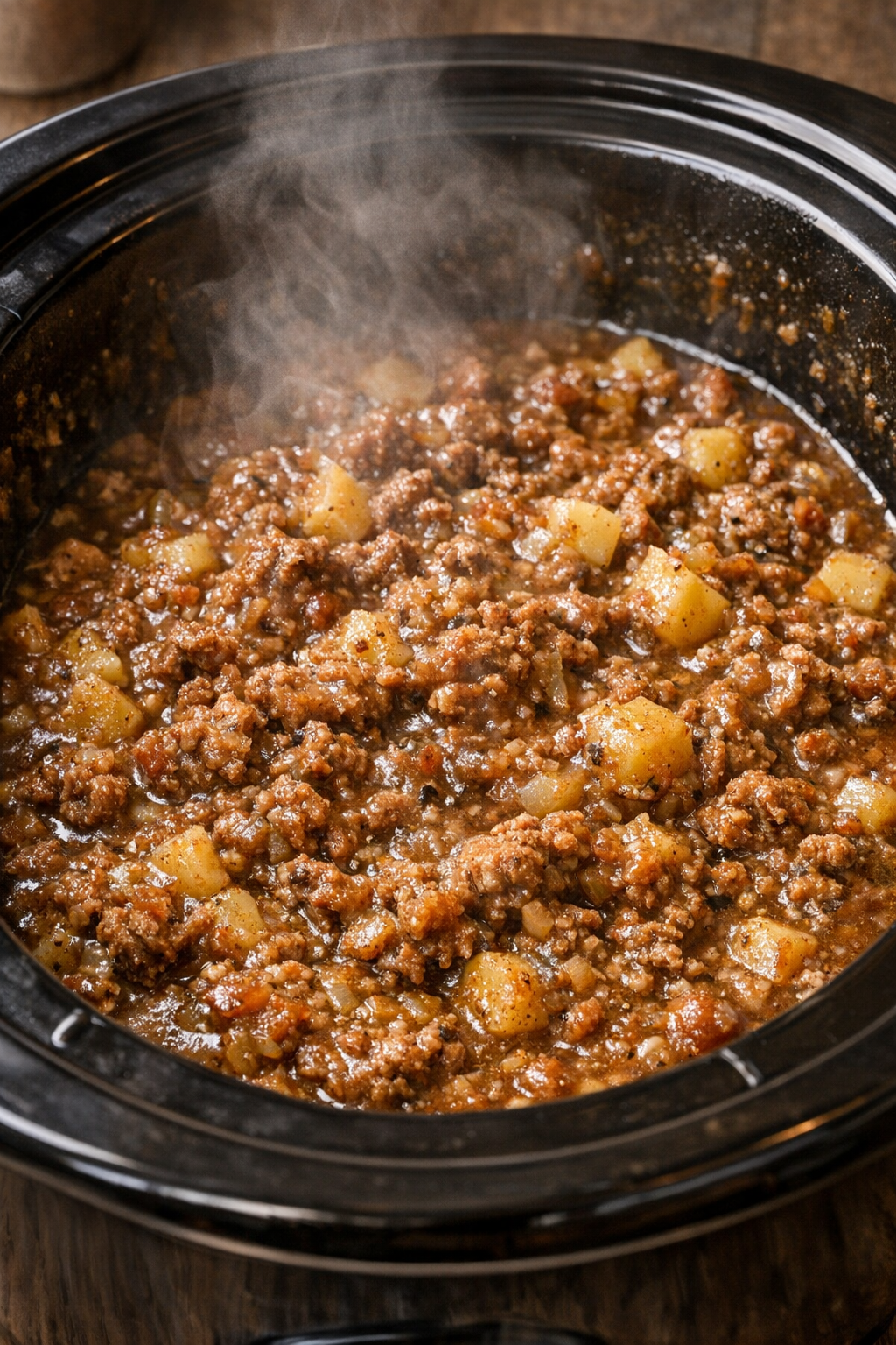 Cooked beef hash mixture softening in slow cooker