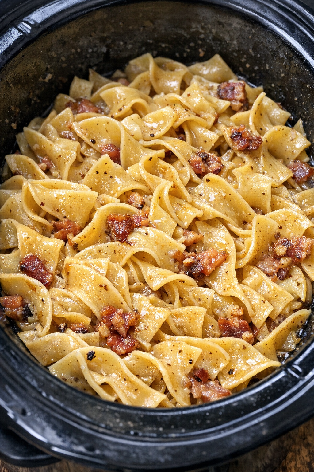 Finished Amish bacon dripping noodles in the slow cooker