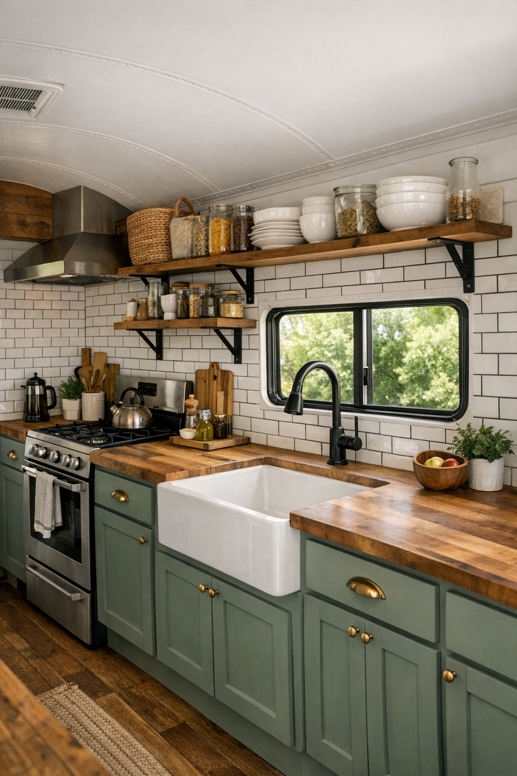 Galley kitchen in a converted bus with sage cabinets and butcher block counters