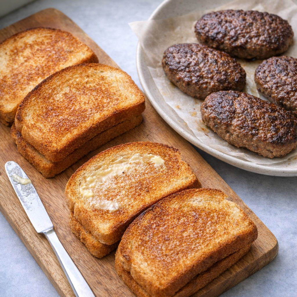 Buttered bread and cooked patties ready for assembly