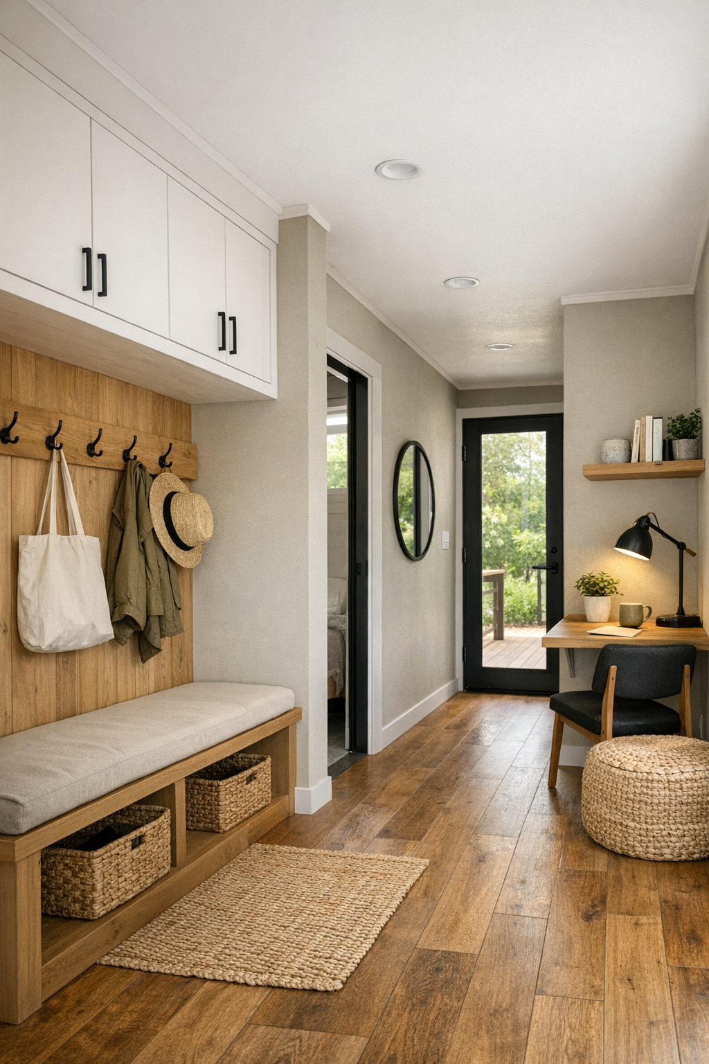 Bright hallway and entry nook with built-in bench, hooks, storage, and warm wood flooring