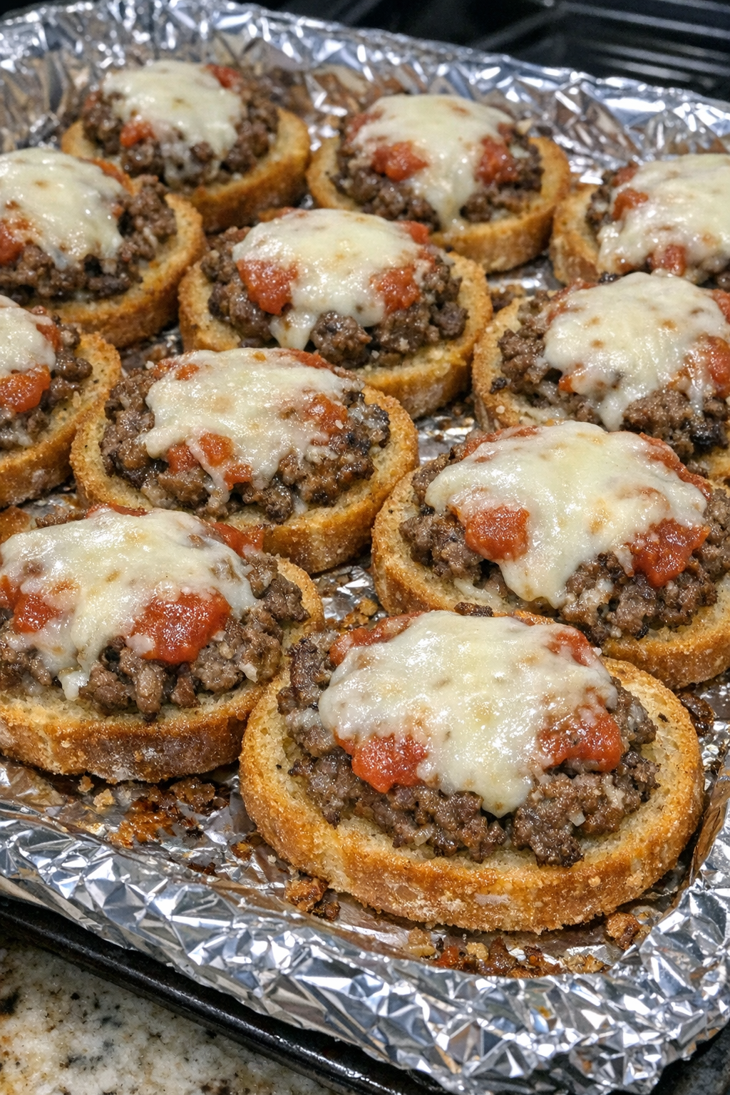 Finished beef garlic bread bites baked on a foil-lined sheet pan