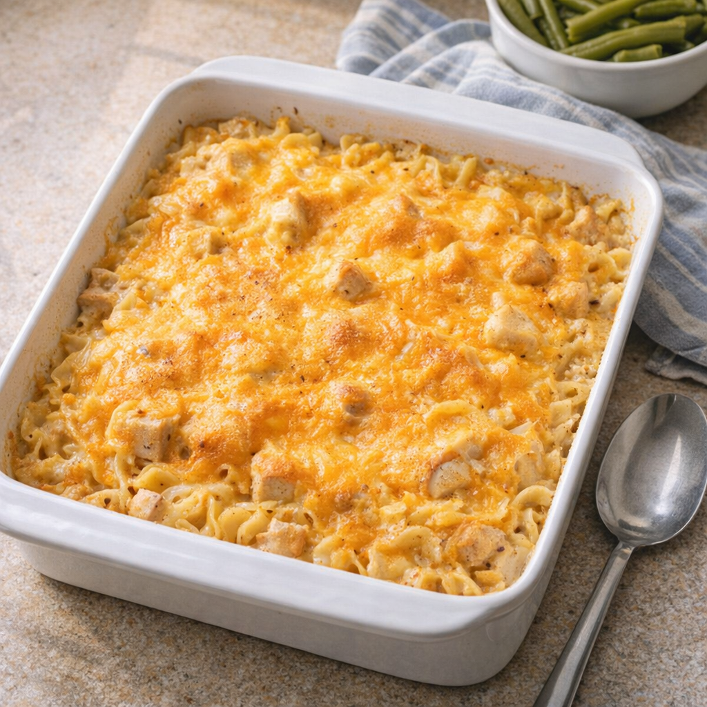 Freshly baked chicken noodle casserole in a ceramic dish