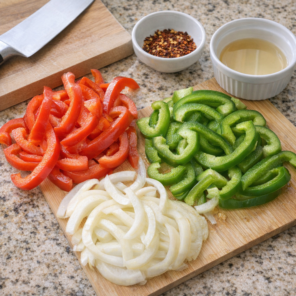 Variation ingredients including peppers, onion, and red pepper flakes
