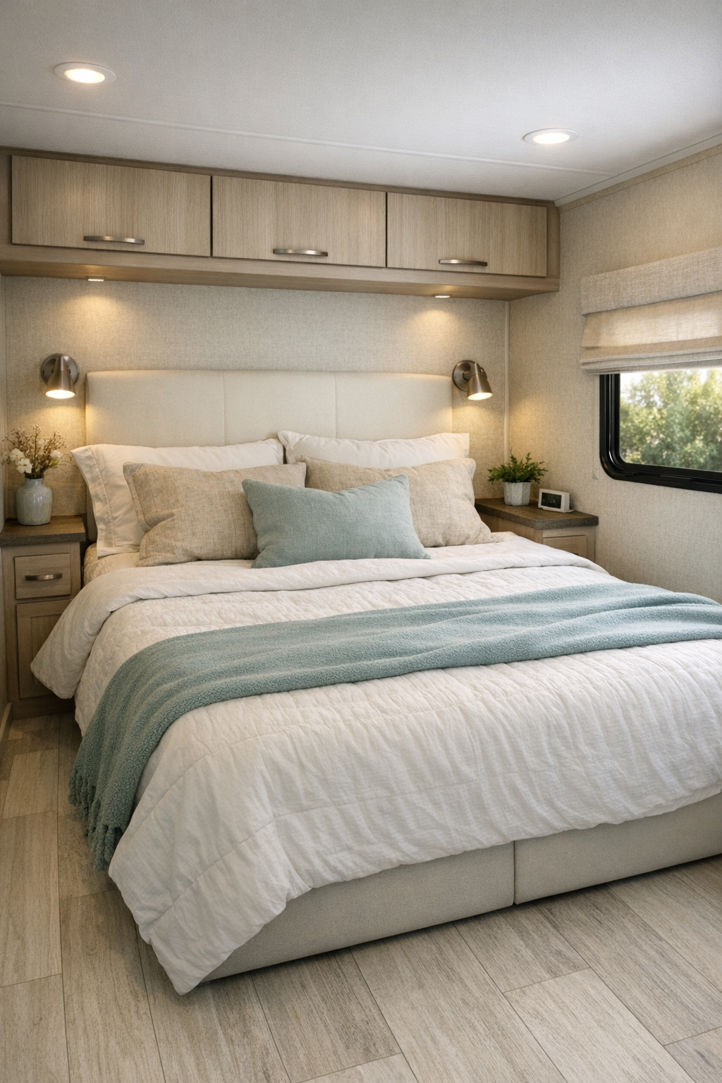 Cozy RV bedroom with built-in storage and soft seafoam palette