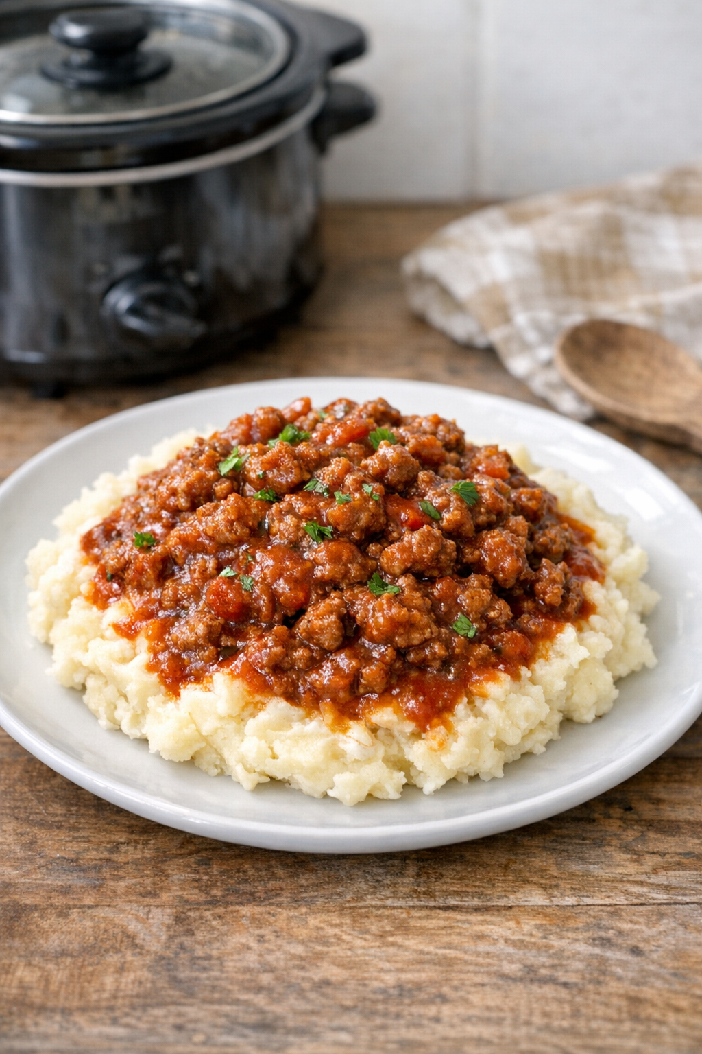 Finished slow cooker beef served over mashed potatoes