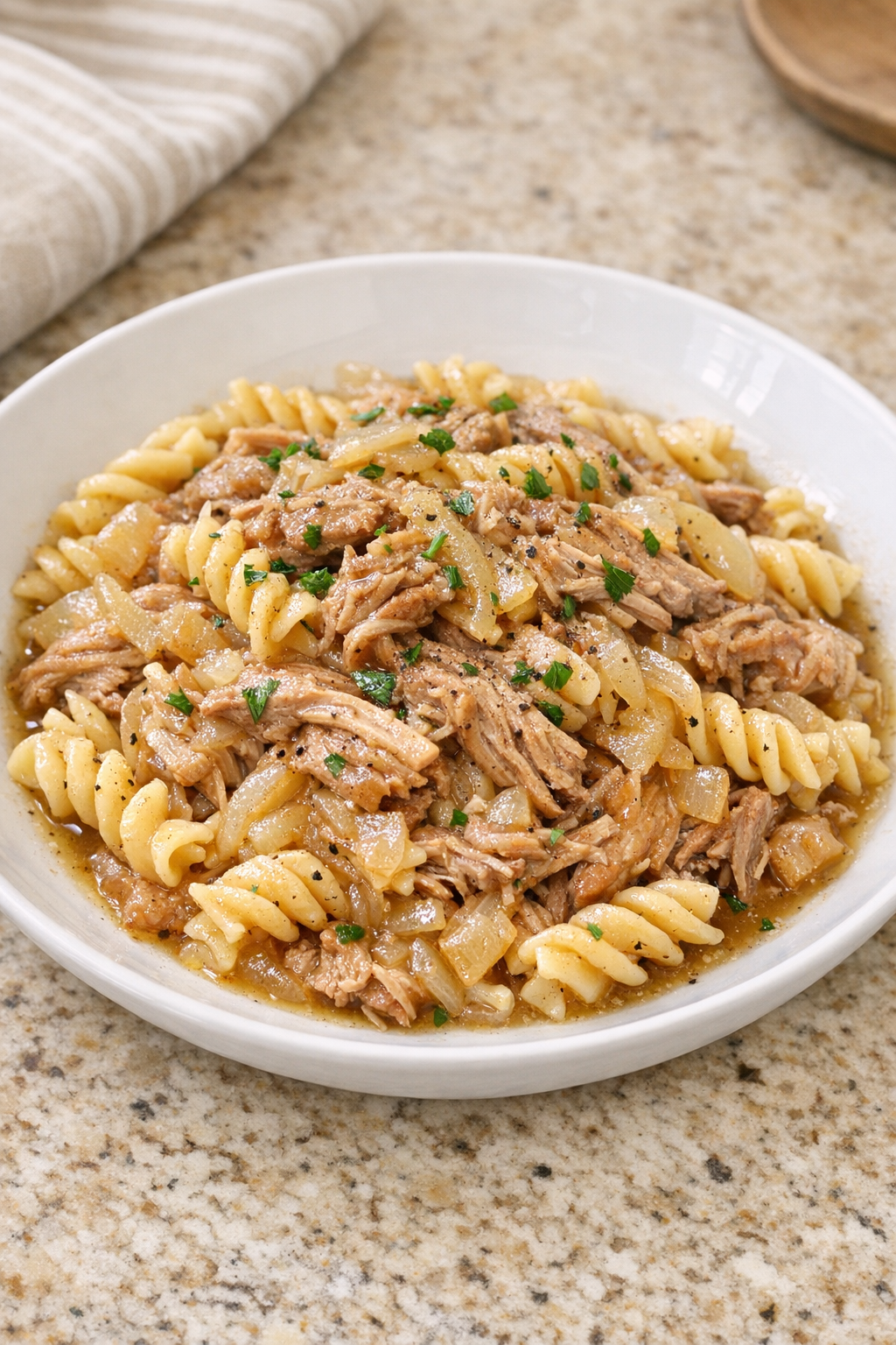 Finished bowl of onion soup pork pasta