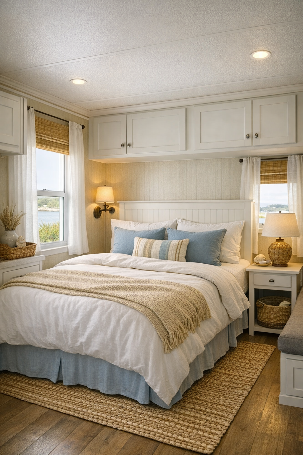 Serene coastal bedroom with layered linens, soft blue accents, and built-in storage