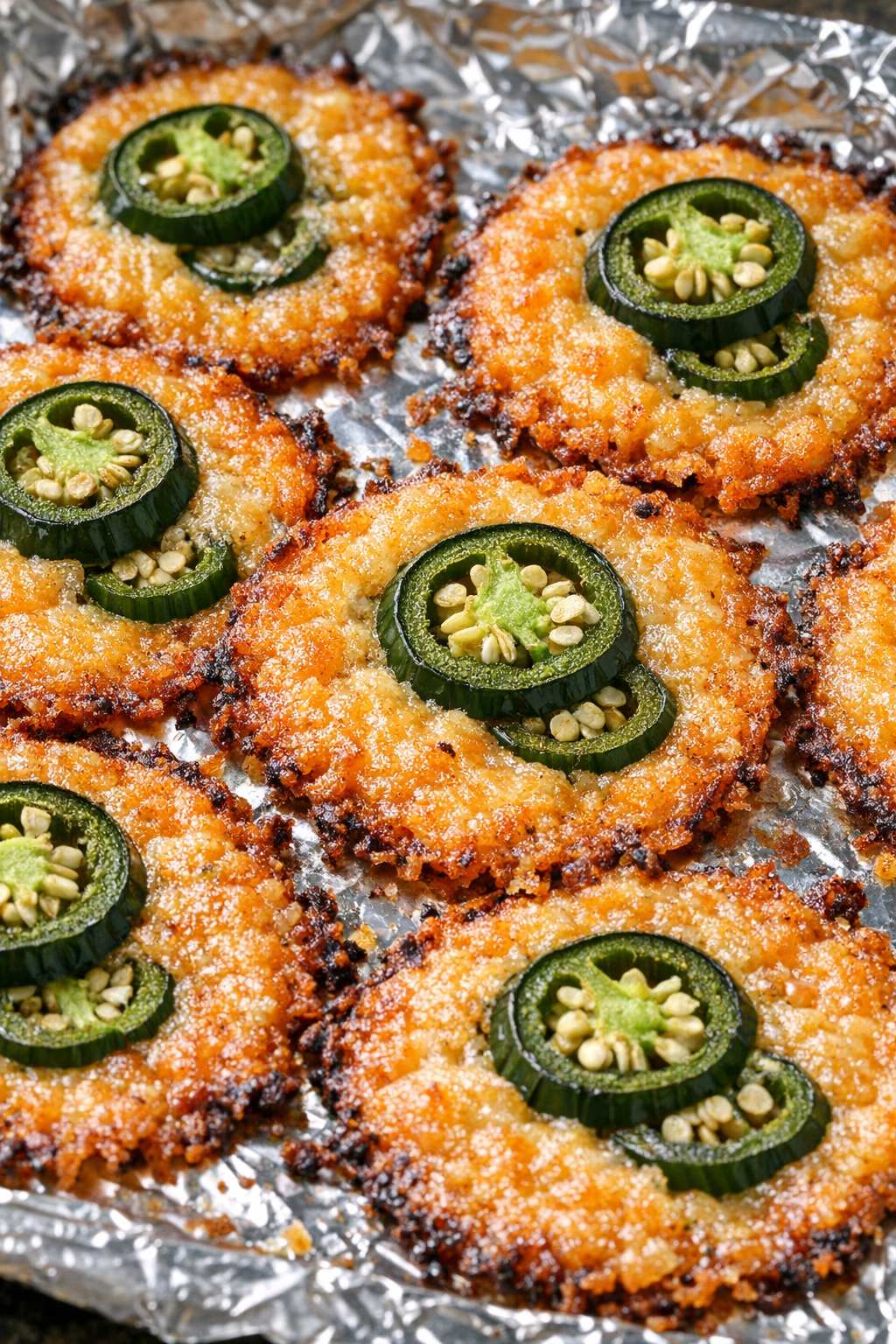 Low carb 3-ingredient jalapeno cheddar crisps on a foil-lined baking tray
