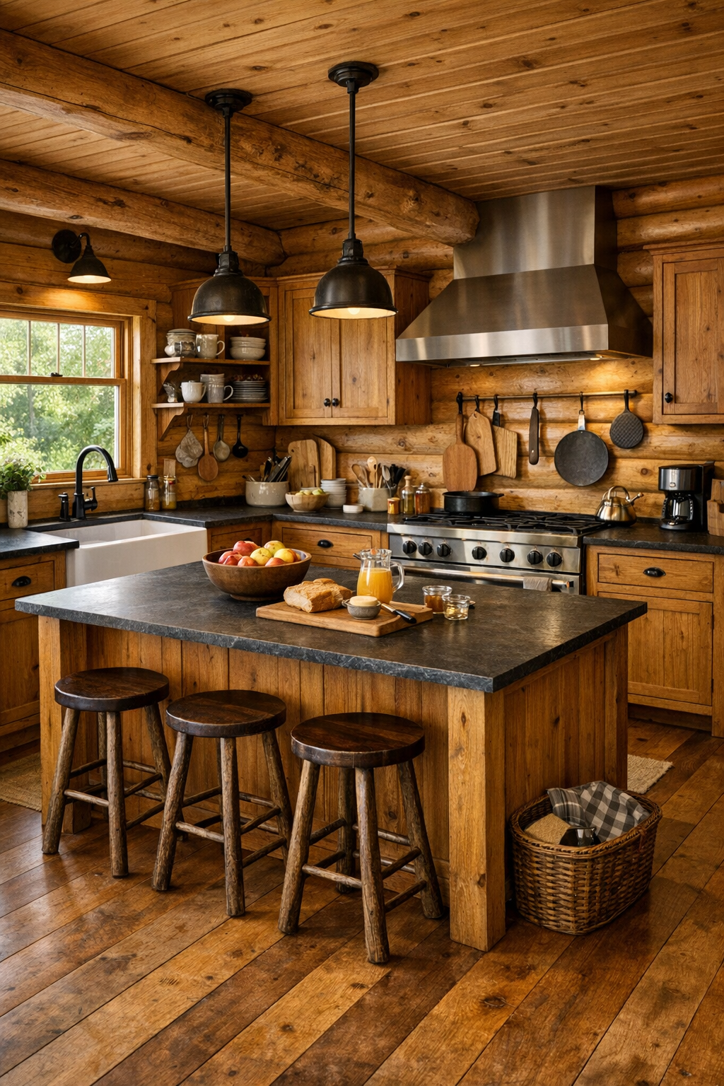 Inviting log home kitchen with custom wood cabinetry, island, and farmhouse sink