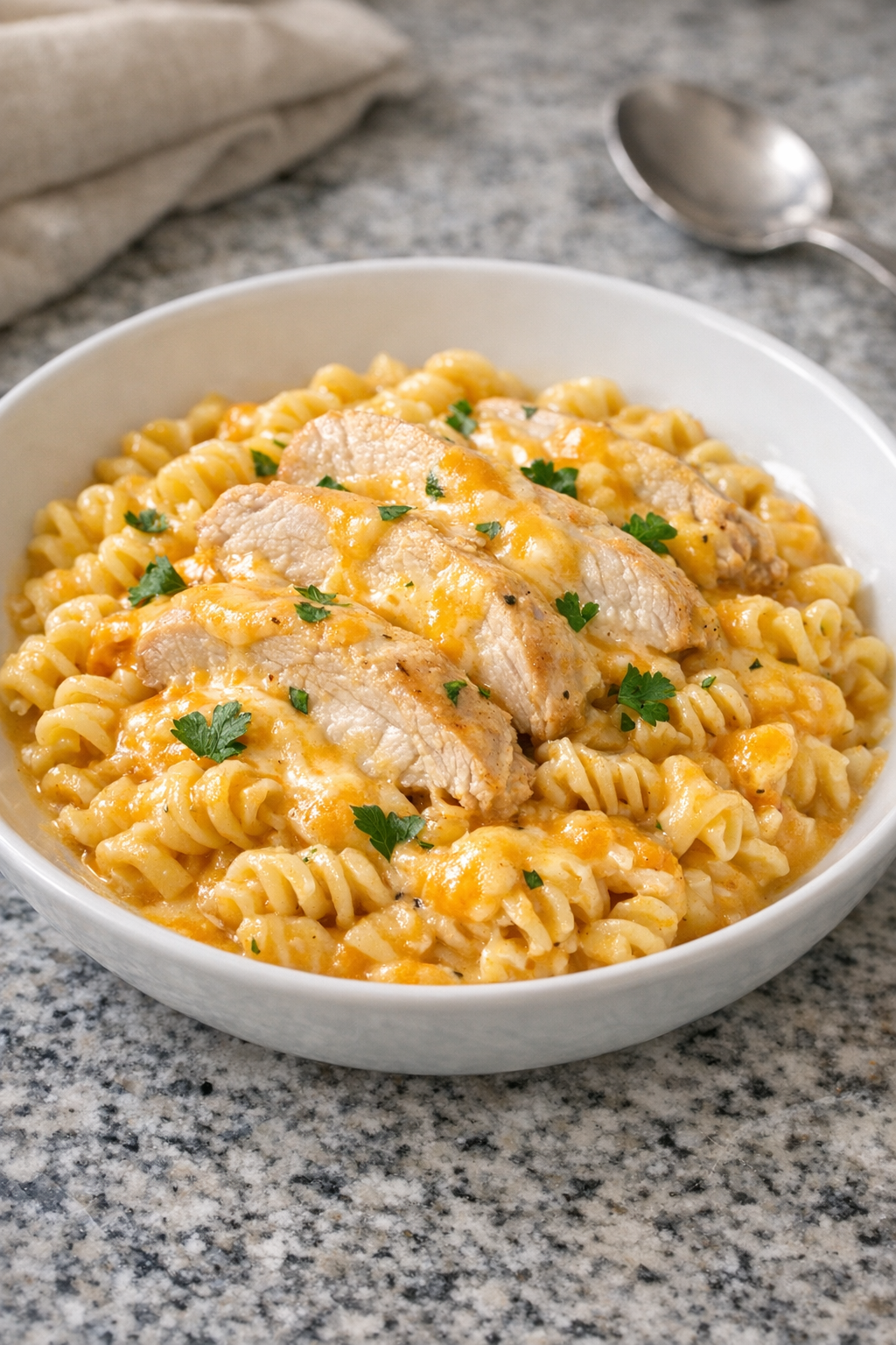 Finished plated Colby Jack turkey pasta
