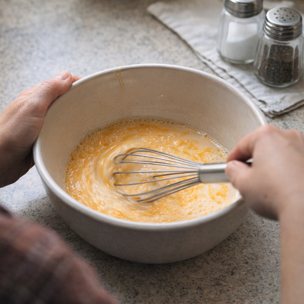Egg mixture being whisked in a mixing bowl
