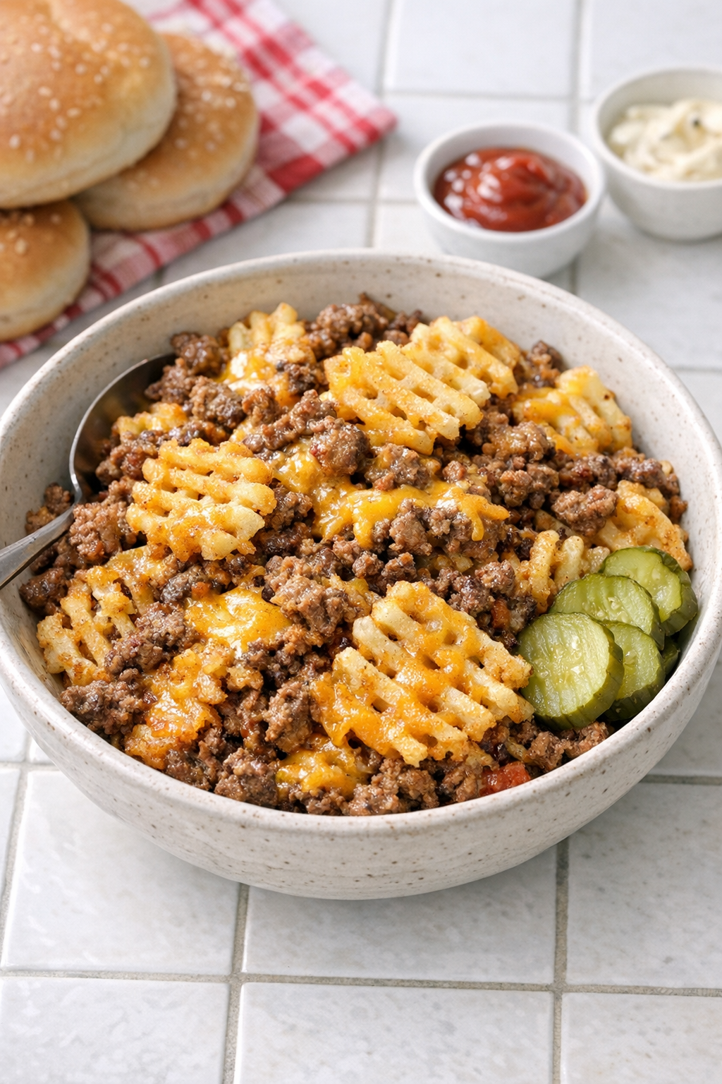 Finished slow cooker fry burgers with beef, waffle fries, and melted cheese