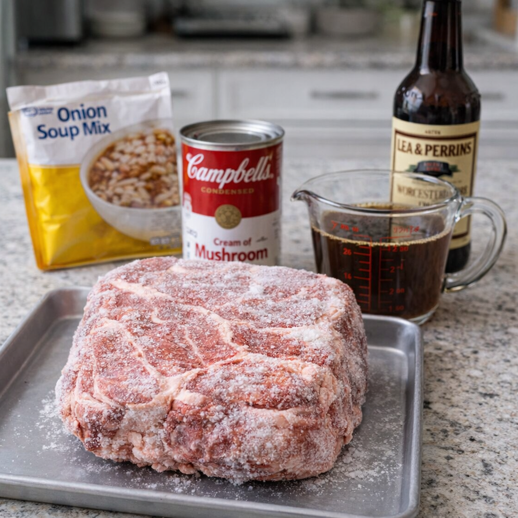 Frozen chuck roast and simple ingredients on a kitchen counter