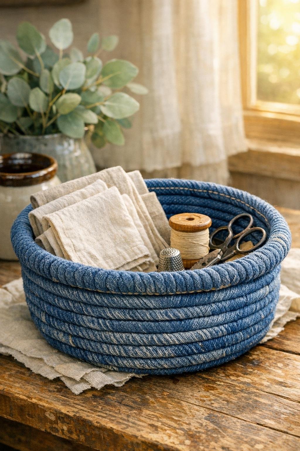 Finished rolled denim coiled basket styled on a farmhouse table