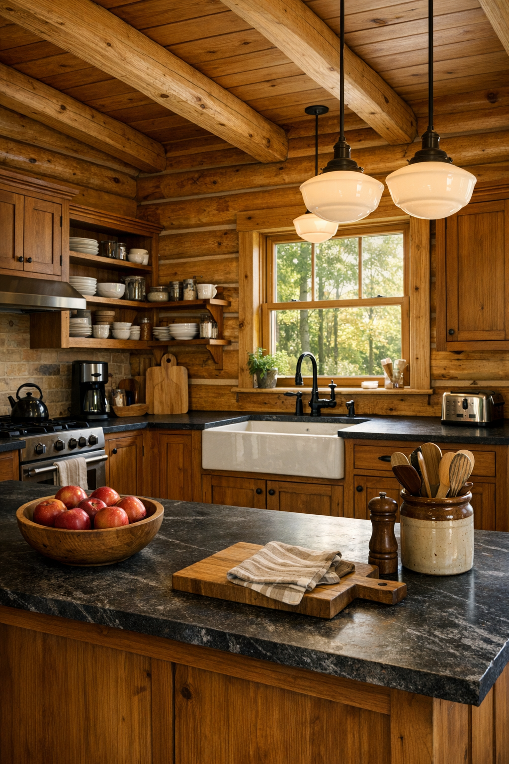 Craftsman log home kitchen with custom wood cabinetry, island, and apron-front sink