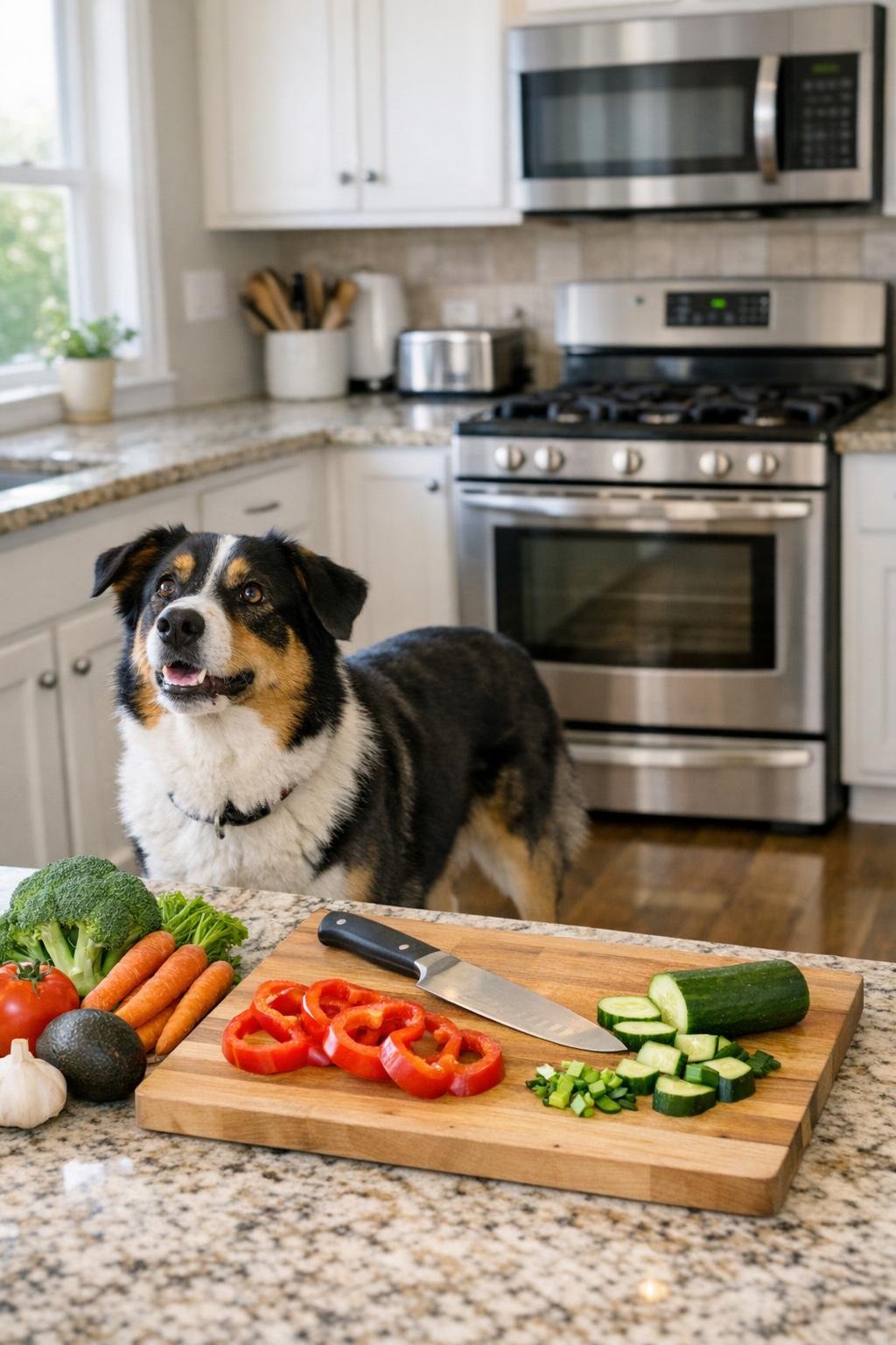 Dog waiting near a kitchen prep area