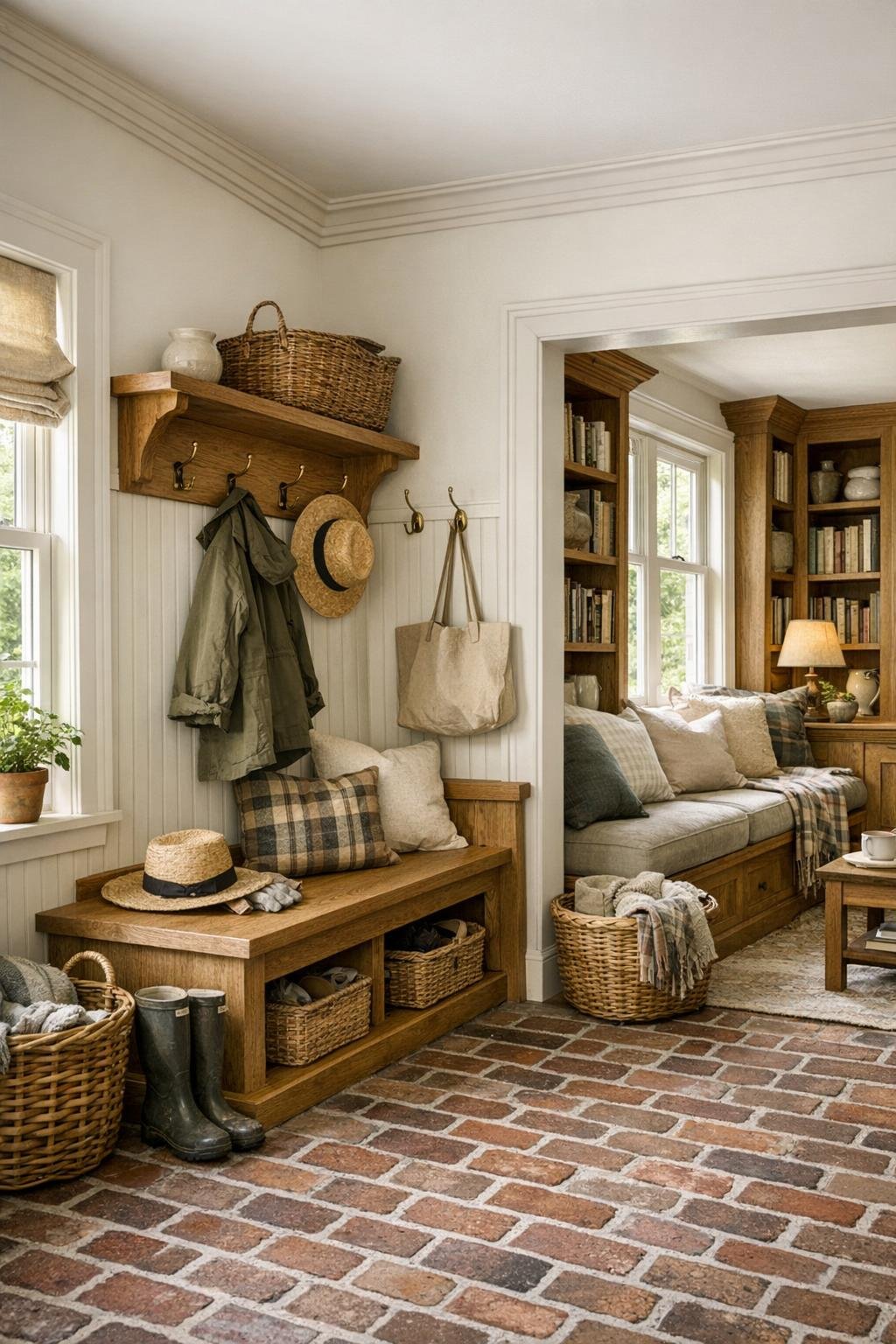 Thoughtful farmhouse mudroom and nook with oak built-ins, beadboard, and warm practical finishes