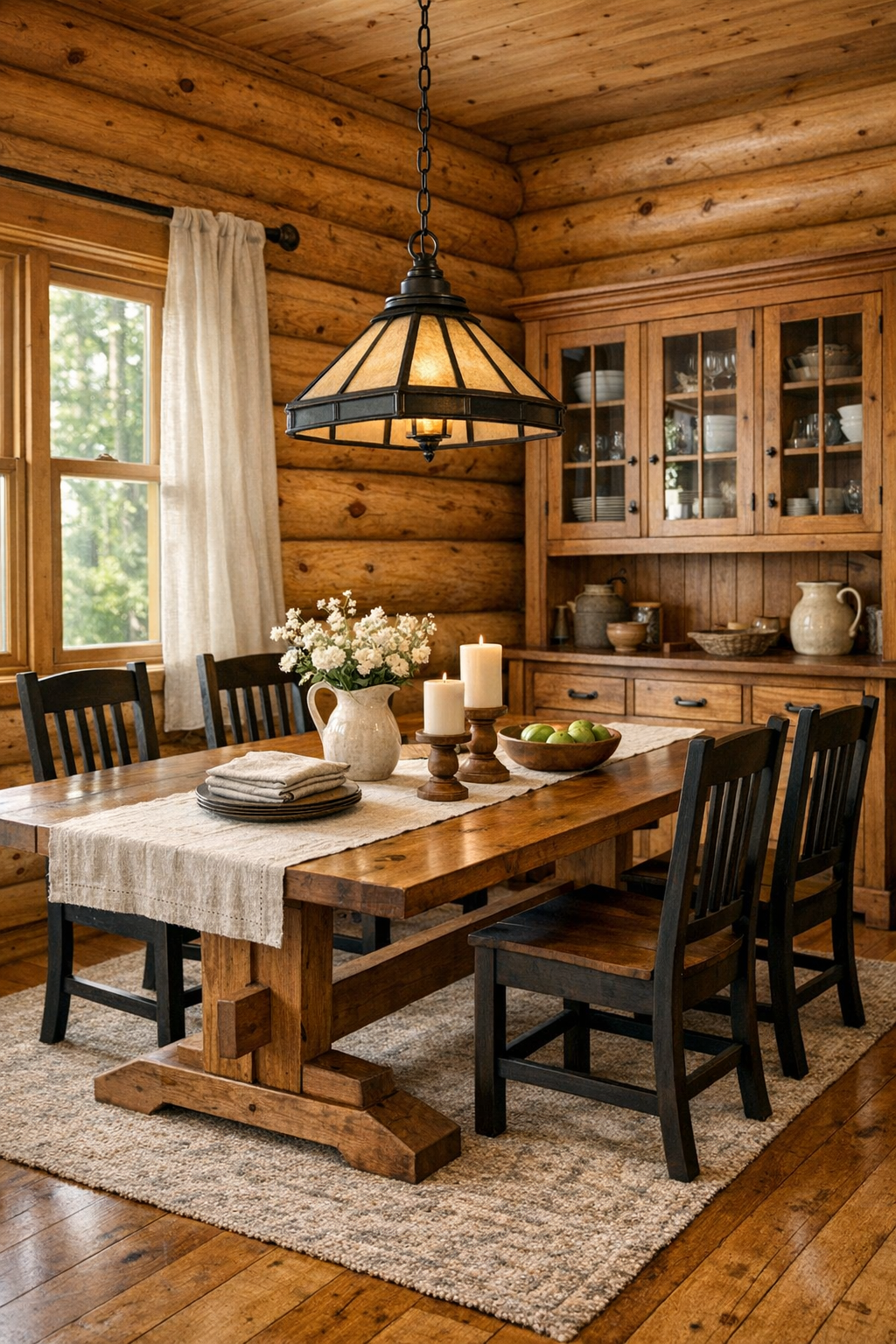 Traditional dining room with handcrafted trestle table, Amish chairs, and warm log walls