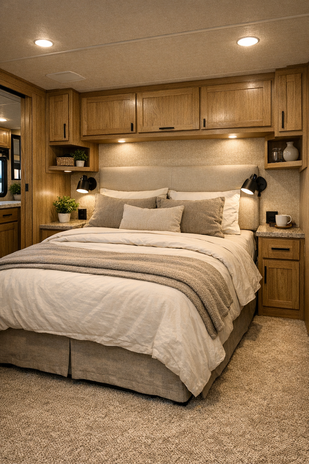 Serene RV camper bedroom with oak paneling and neutral bedding