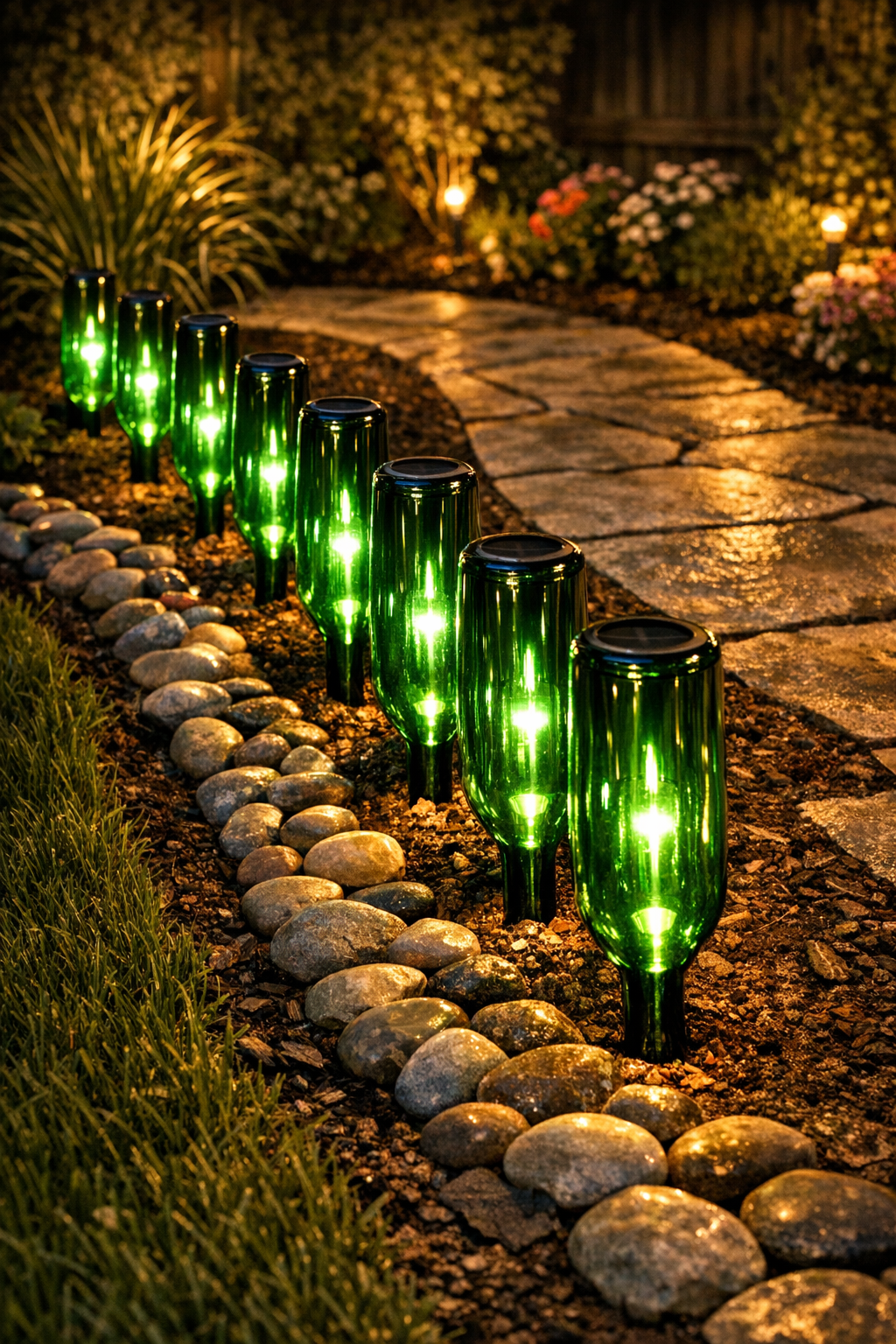 Finished glowing bottle pathway border lighting a backyard walkway at night