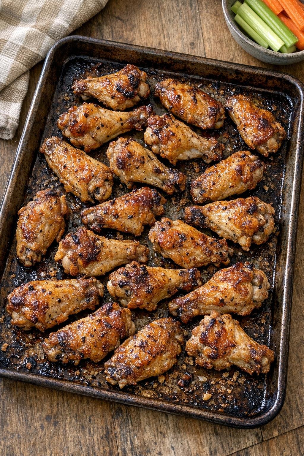 Finished baked chicken wings on a sheet pan