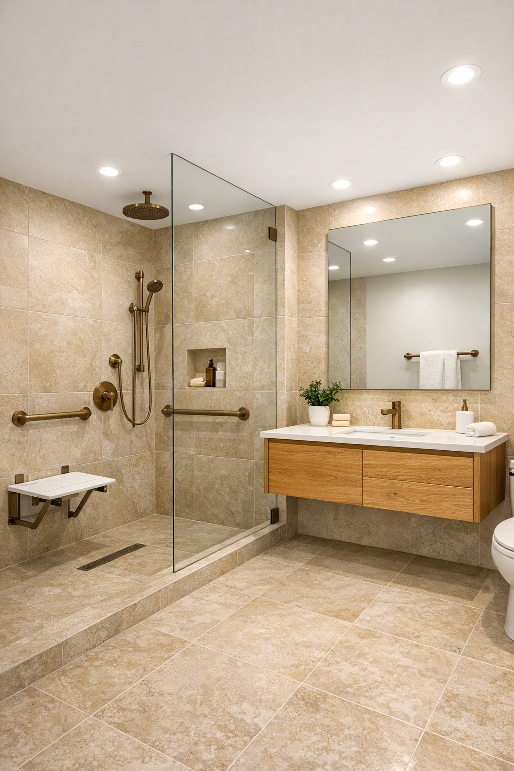 Elegant accessible bathroom with curbless shower, warm stone tile, and floating oak vanity