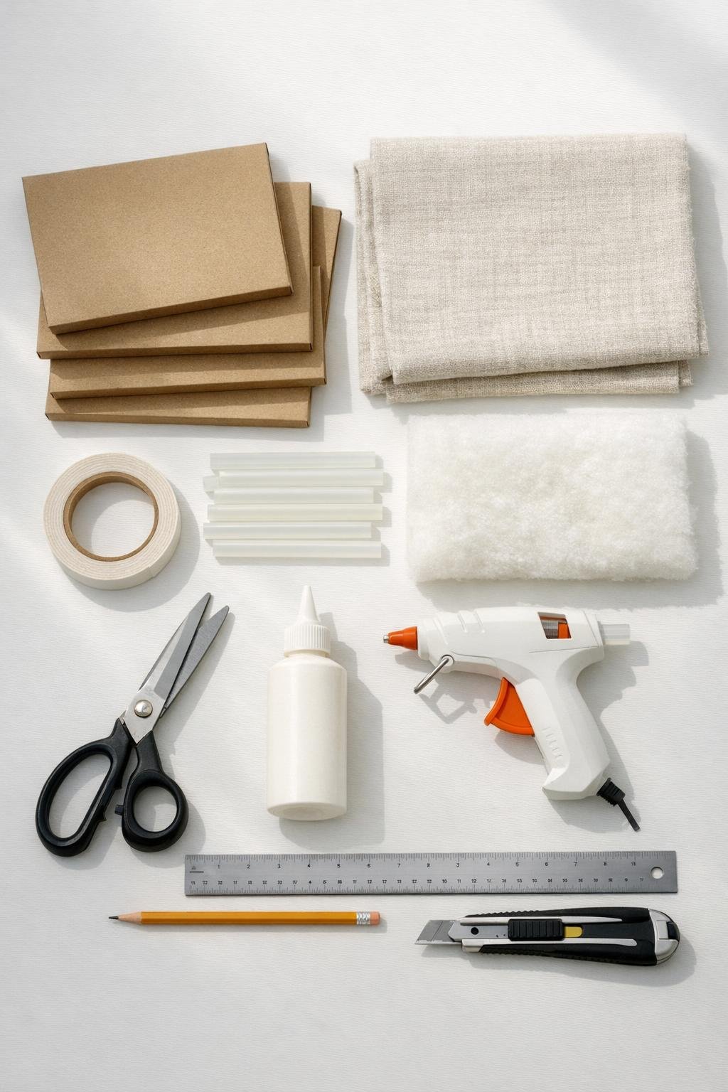 Materials for linen-wrapped cardboard shelf dividers laid out neatly