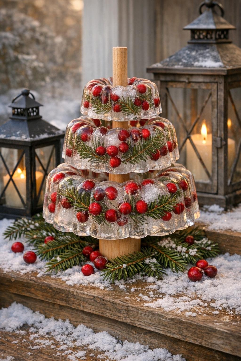 Finished stacked ice ring tree displayed outdoors in winter