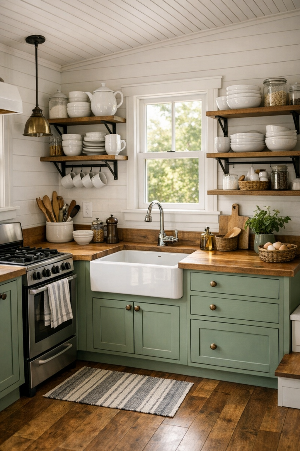 Tiny home kitchen with sage shaker cabinets, butcher block counters, open shelves, and an apron-front sink