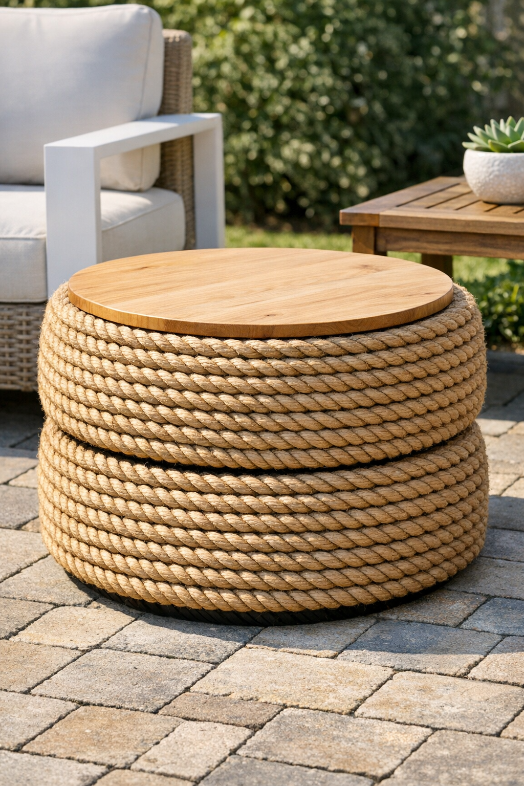 Finished rope-wrapped outdoor ottoman made from stacked tires with plywood top