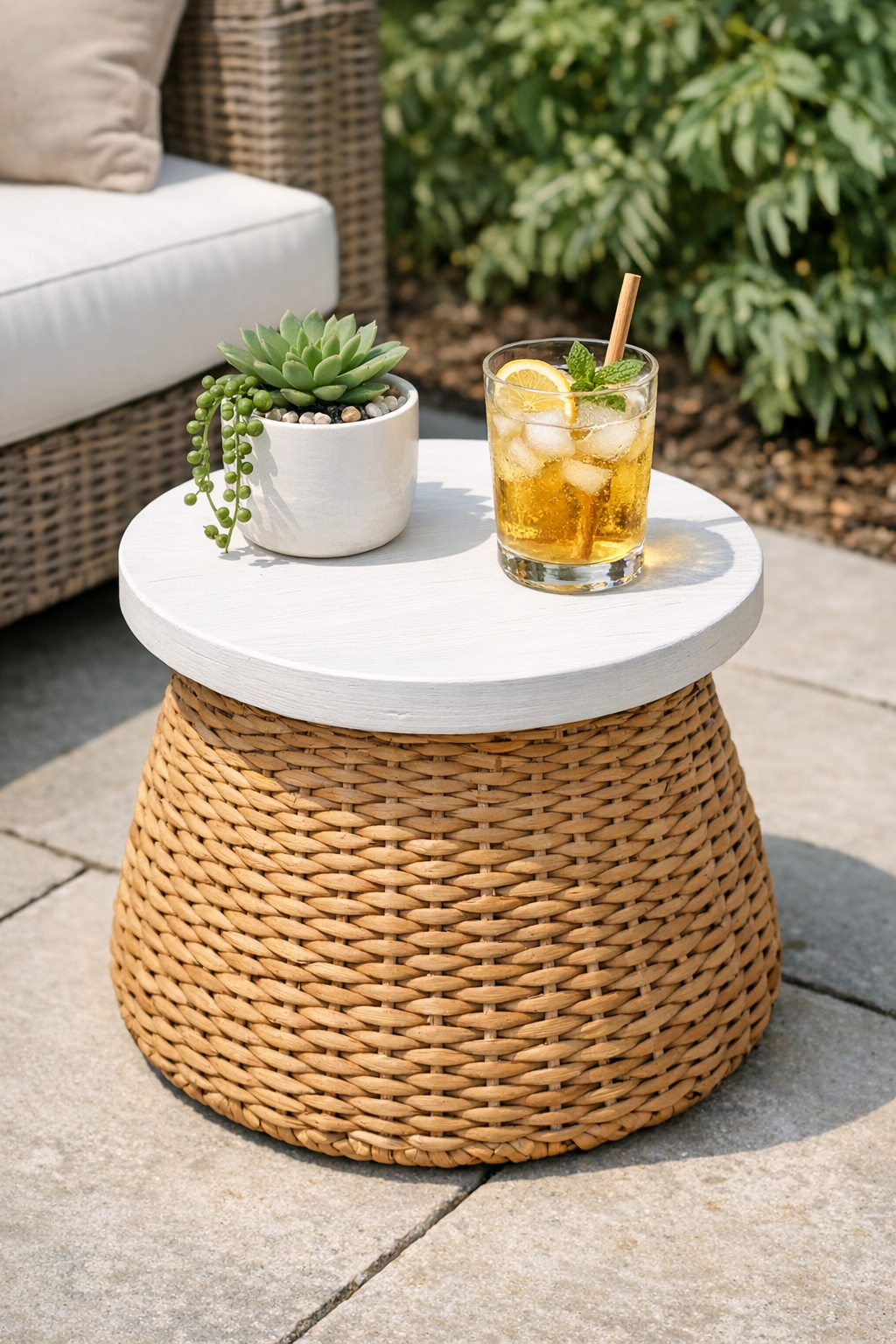 Finished wicker basket outdoor side table on a patio